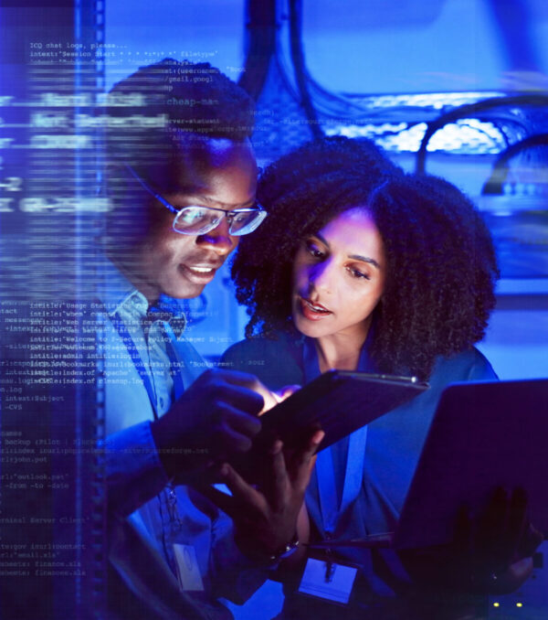 Man, woman and tablet with overlay for technology, maintenance in dark data center or software code. Teamwork, digital information and cloud computing with app, network programming or problem solving